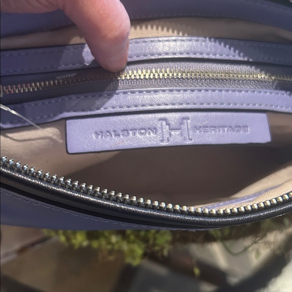 Halston Heritage Purple & Tan Clutch with Silver Chain & Logo 10.5”x 8.5” New - Picture 8 of 10